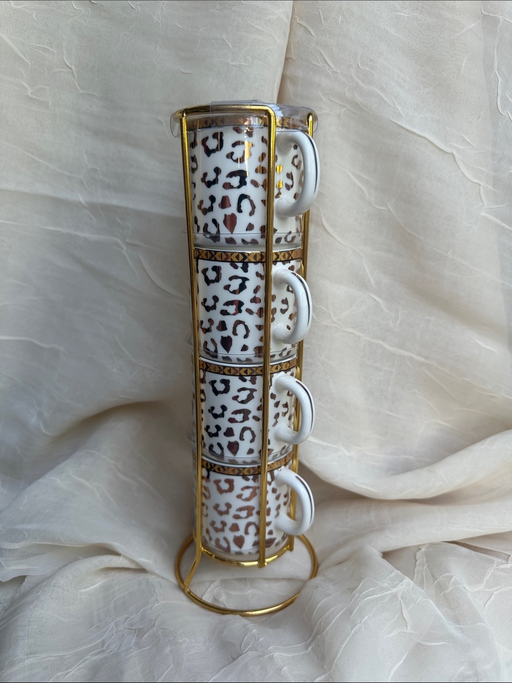 NEW! Grace's Teaware Gold Leopard Print Stackable Espresso Cups Set of 4 w/Stand
